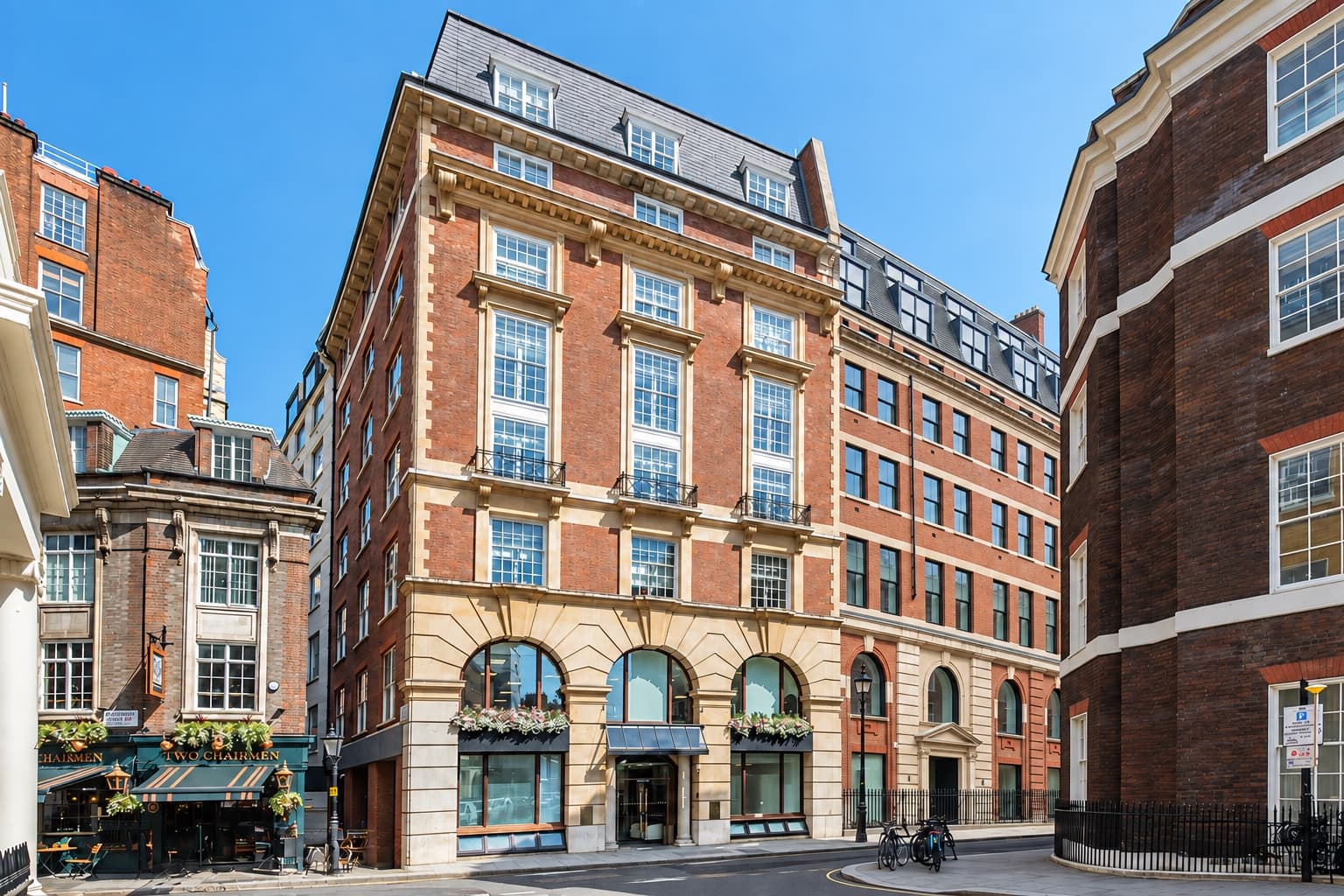 Digitally retouched exterior of 2 Queen Anne’s Gate Buildings and The Two Chairmen, with neighbouring scaffolding removed